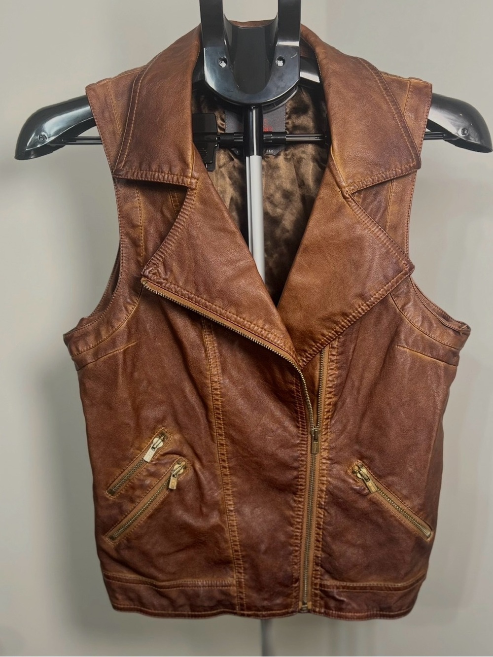 Jeans by Buffalo Brown Leather Moto Vest with Gold Zippers